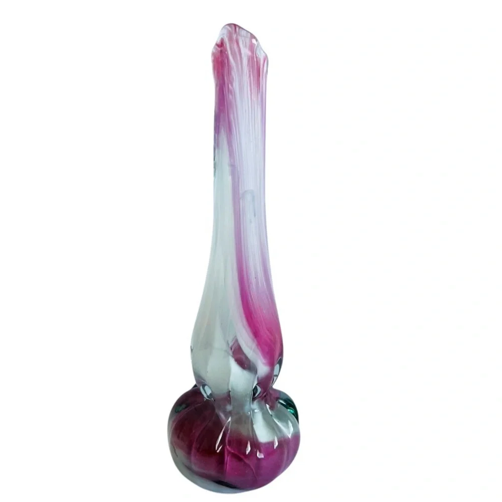Vintage MCM Art Glass Pink White Swung Vase - Picture 6 of 8